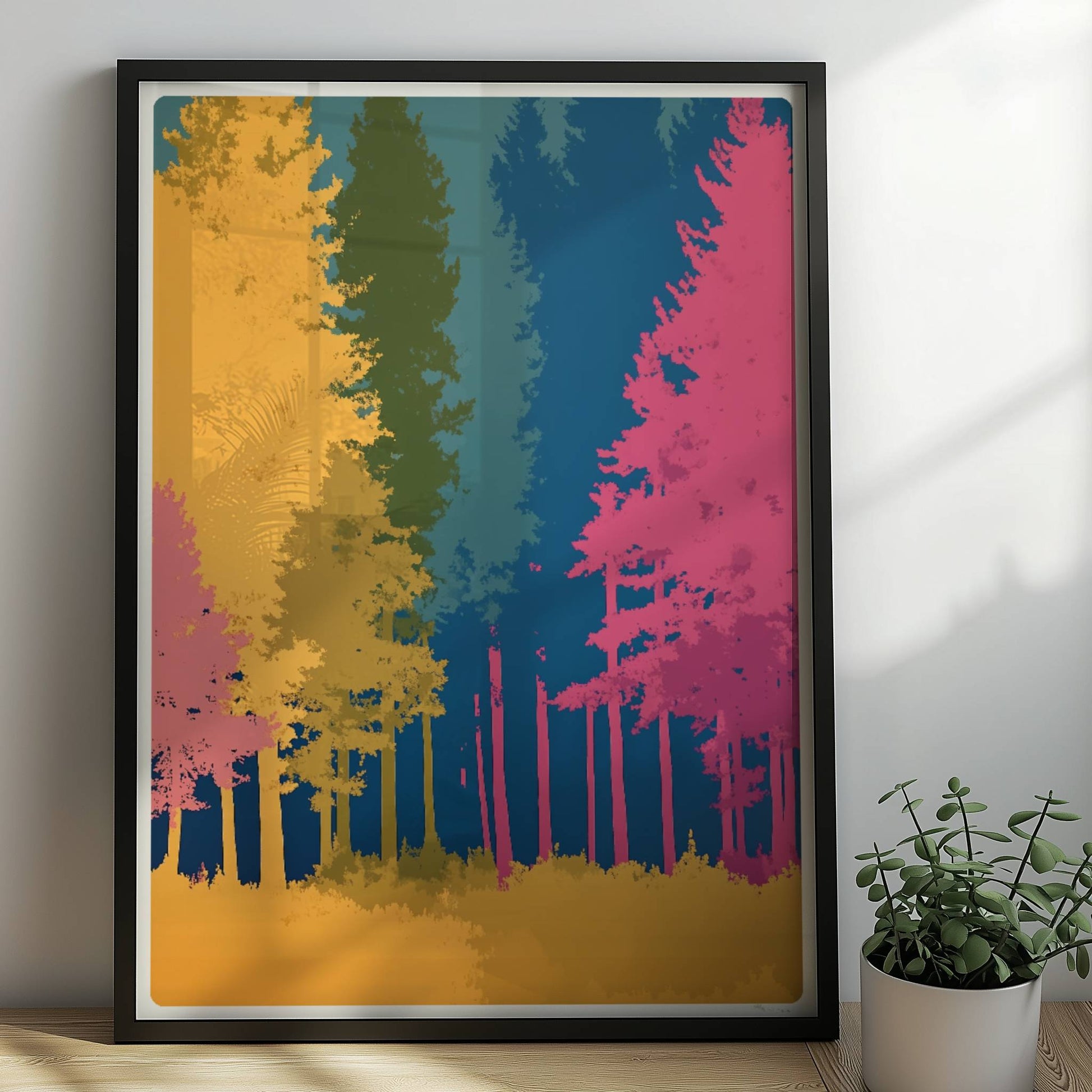 Waldszene mit bunten Bäumen auf blauem Hintergrund.. Rahmen schwarz 50x70