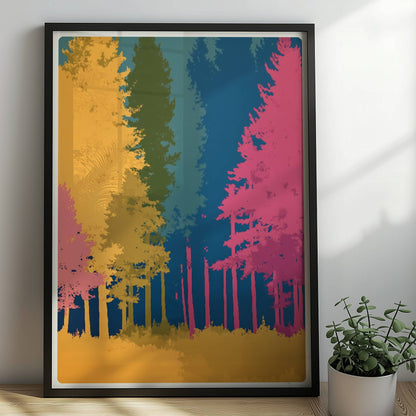 Waldszene mit bunten Bäumen auf blauem Hintergrund.. Rahmen schwarz 50x70
