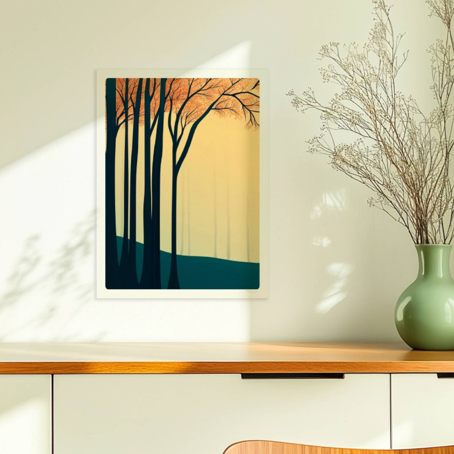 Waldlandschaft mit dunklen Stämmen und orangen Blättern.. Ohne Rahmen 30x40