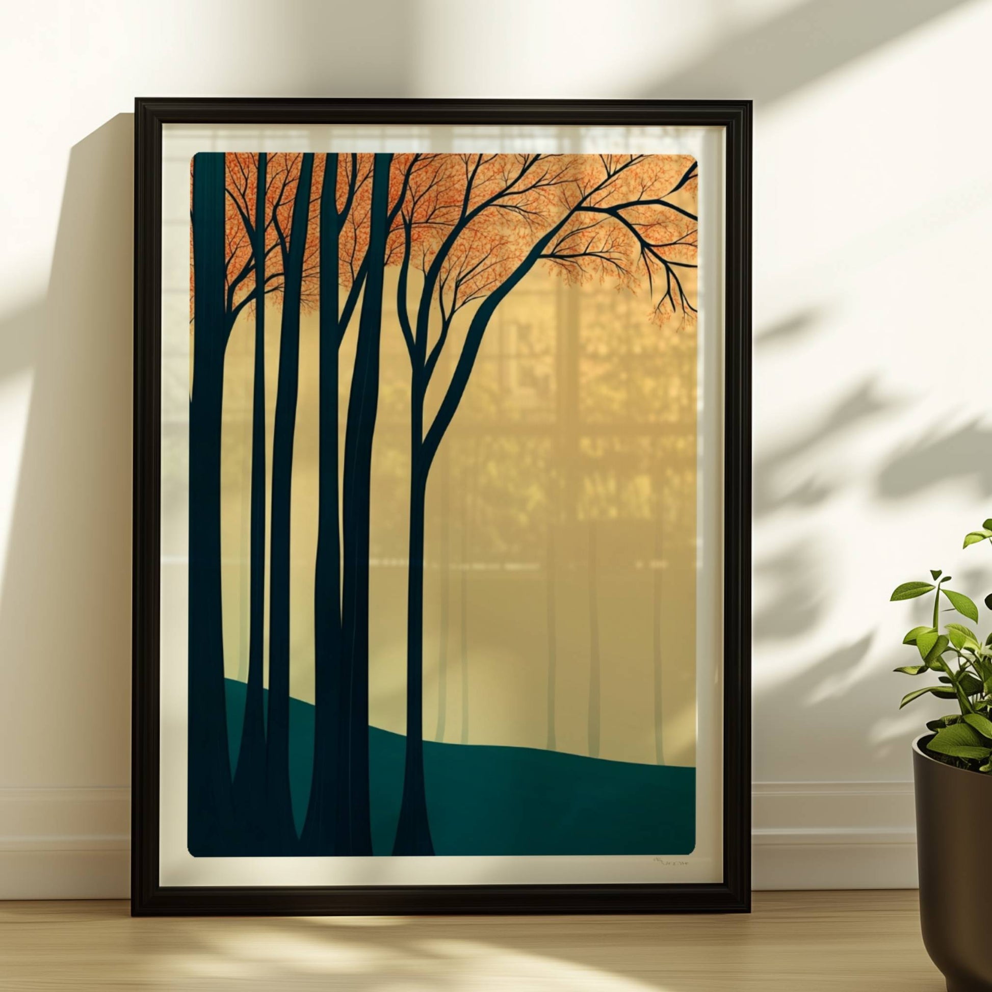 Waldlandschaft mit dunklen Stämmen und orangen Blättern.. Rahmen schwarz 30x40