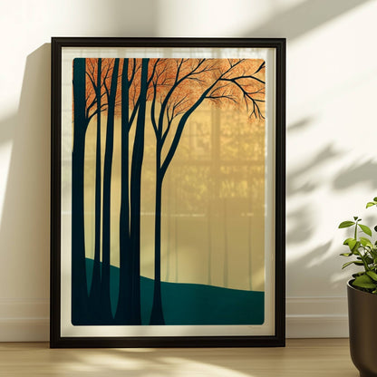 Waldlandschaft mit dunklen Stämmen und orangen Blättern.. Rahmen schwarz 30x40