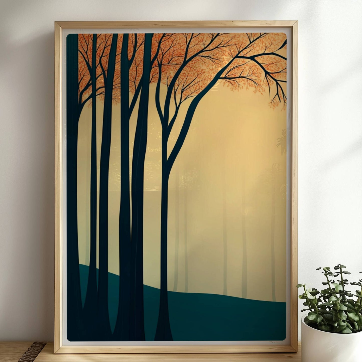 Waldlandschaft mit dunklen Stämmen und orangen Blättern.. Rahmen natur 50x70