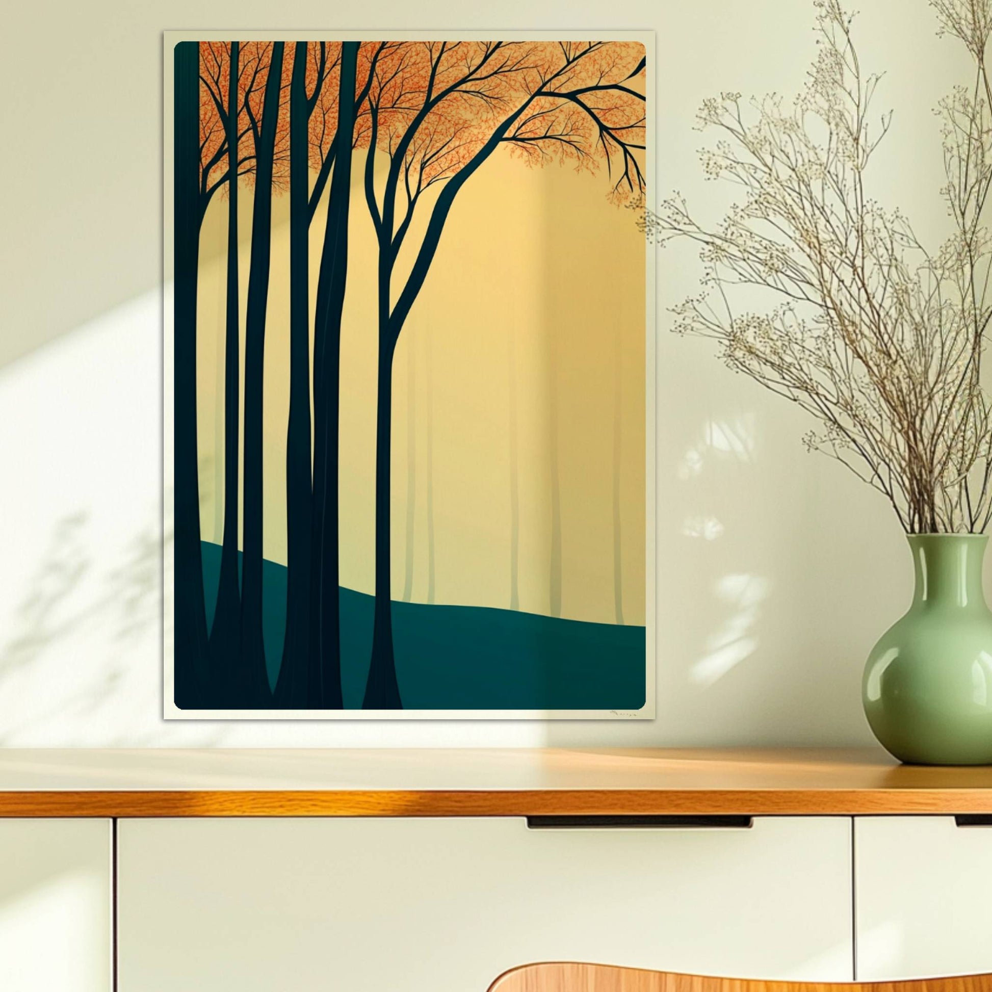 Waldlandschaft mit dunklen Stämmen und orangen Blättern.. Ohne Rahmen 50x70
