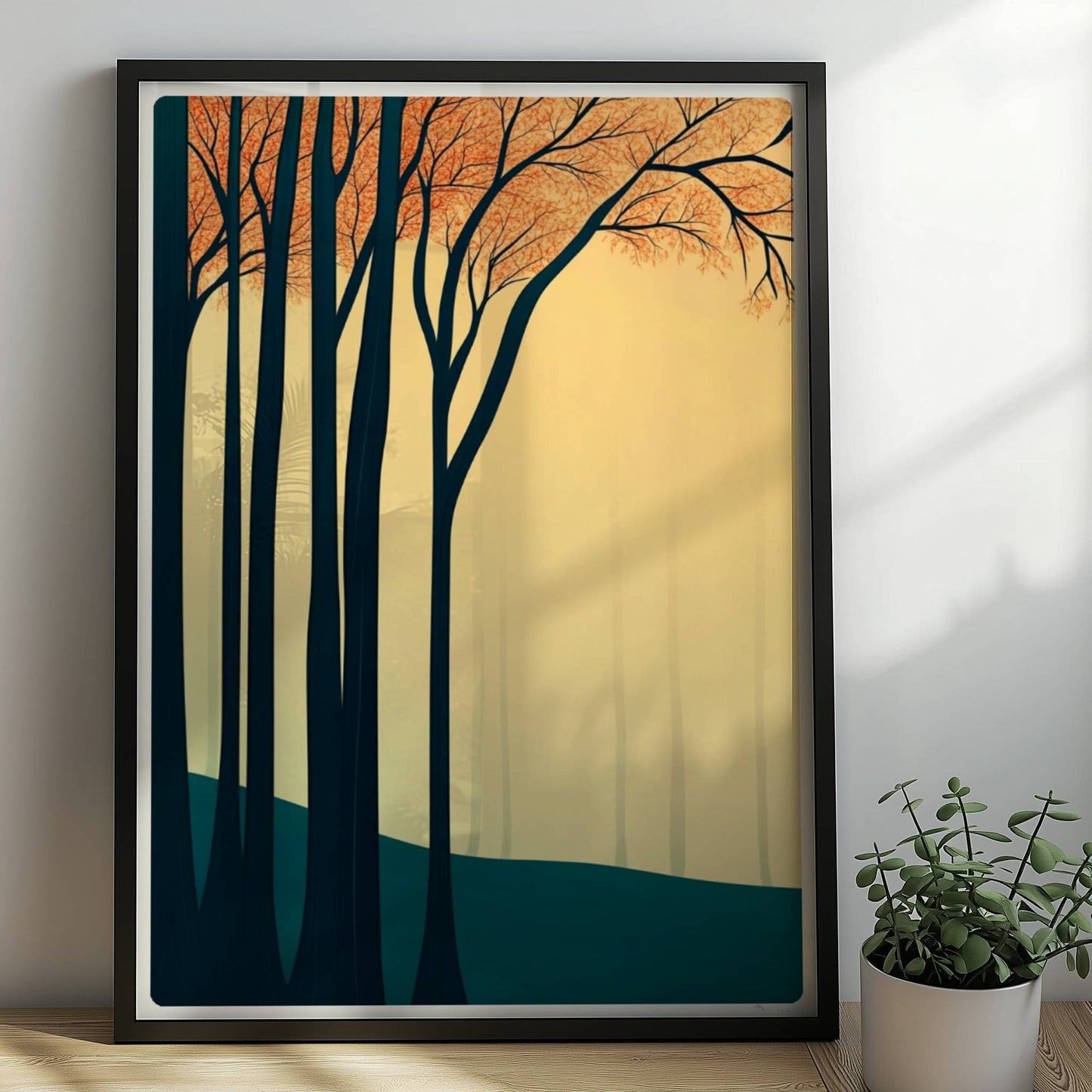 Waldlandschaft mit dunklen Stämmen und orangen Blättern.. Rahmen schwarz 50x70