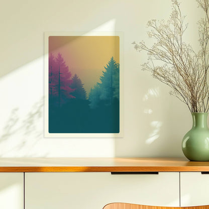 Wald im Nebel mit rosa und türkisfarbenen Nadelbäumen.. Ohne Rahmen 30x40