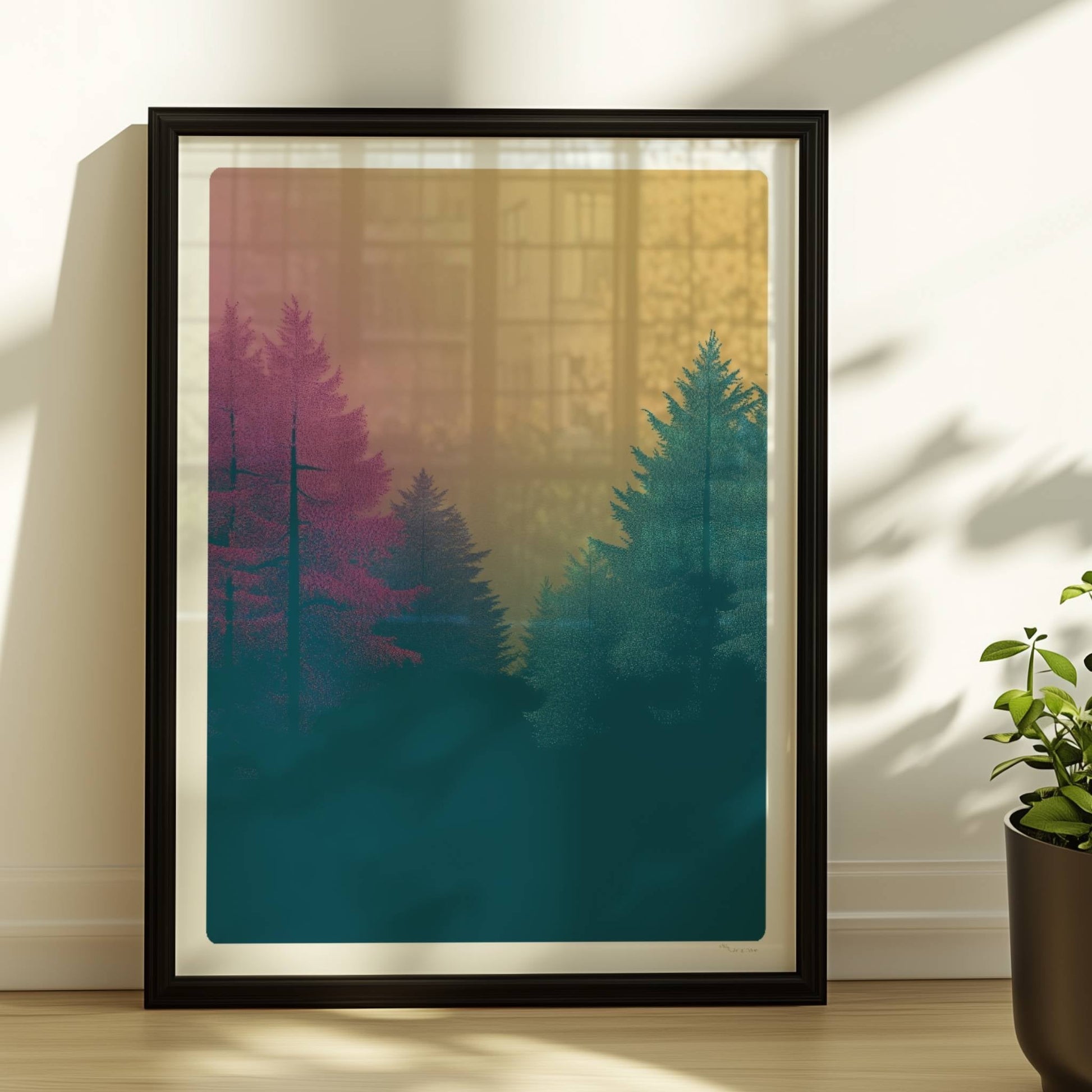 Wald im Nebel mit rosa und türkisfarbenen Nadelbäumen.. Rahmen schwarz 30x40