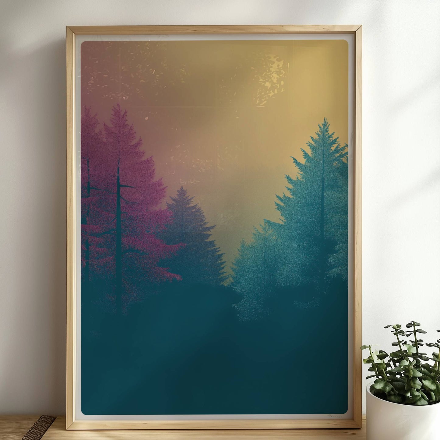 Wald im Nebel mit rosa und türkisfarbenen Nadelbäumen.. Rahmen natur 50x70