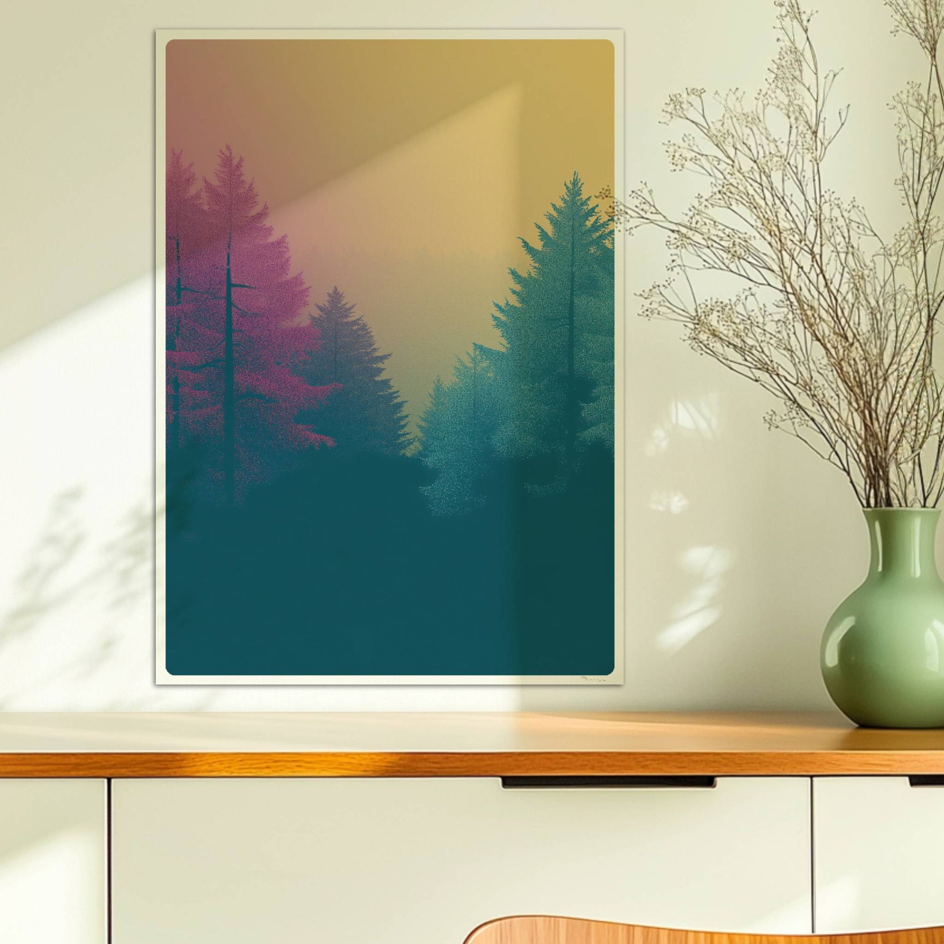 Wald im Nebel mit rosa und türkisfarbenen Nadelbäumen.. Ohne Rahmen 50x70