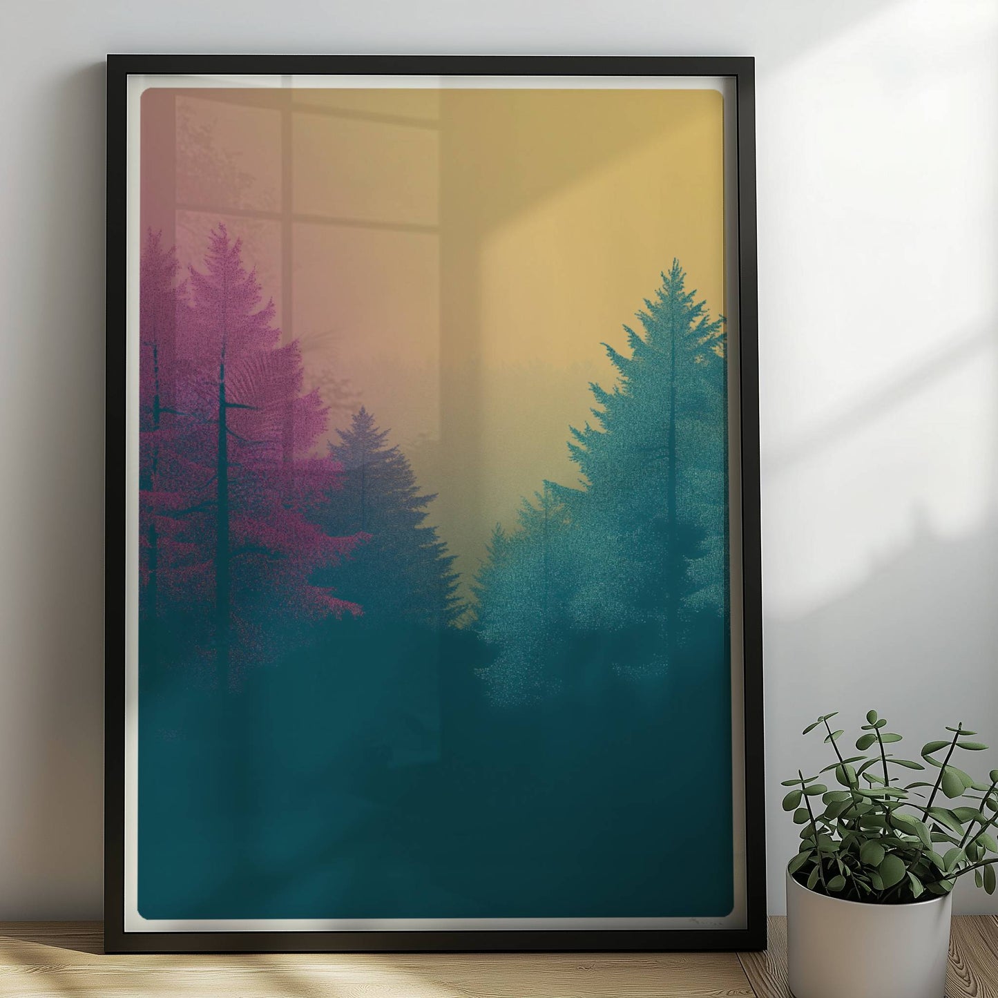 Wald im Nebel mit rosa und türkisfarbenen Nadelbäumen.. Rahmen schwarz 50x70