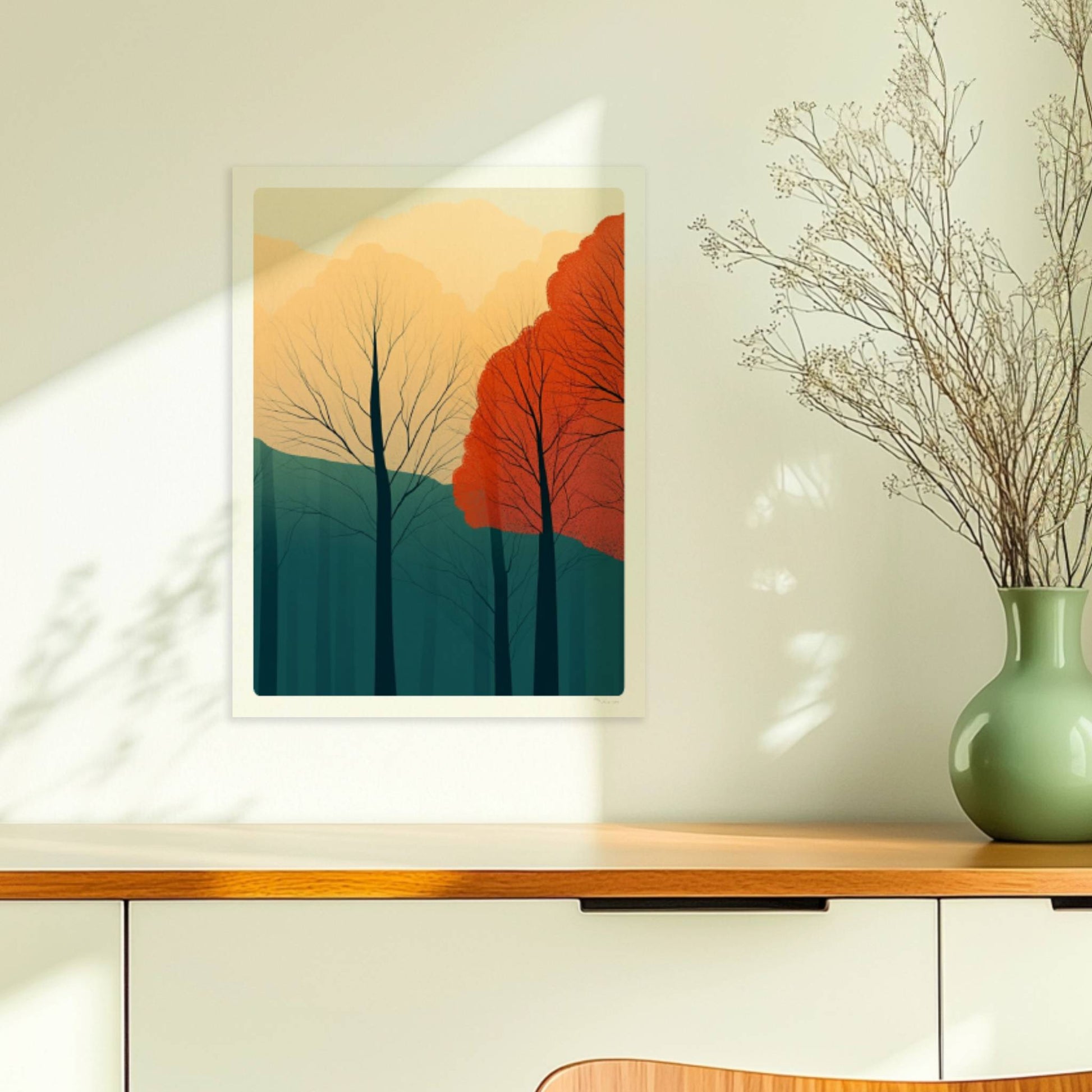 Herbstwald mit orangefarbenen und roten Baumkronen.. Ohne Rahmen 30x40