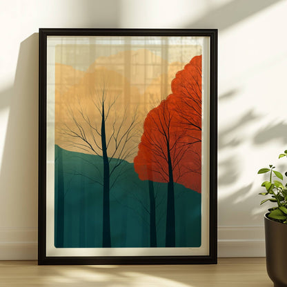 Herbstwald mit orangefarbenen und roten Baumkronen.. Rahmen schwarz 30x40