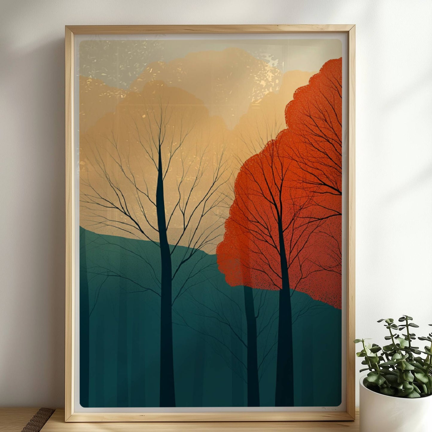 Herbstwald mit orangefarbenen und roten Baumkronen.. Rahmen natur 50x70