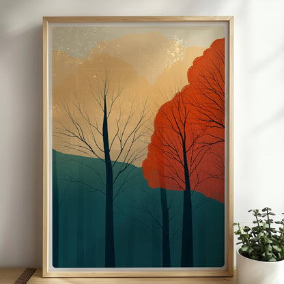 Herbstwald mit orangefarbenen und roten Baumkronen.. Rahmen natur 50x70
