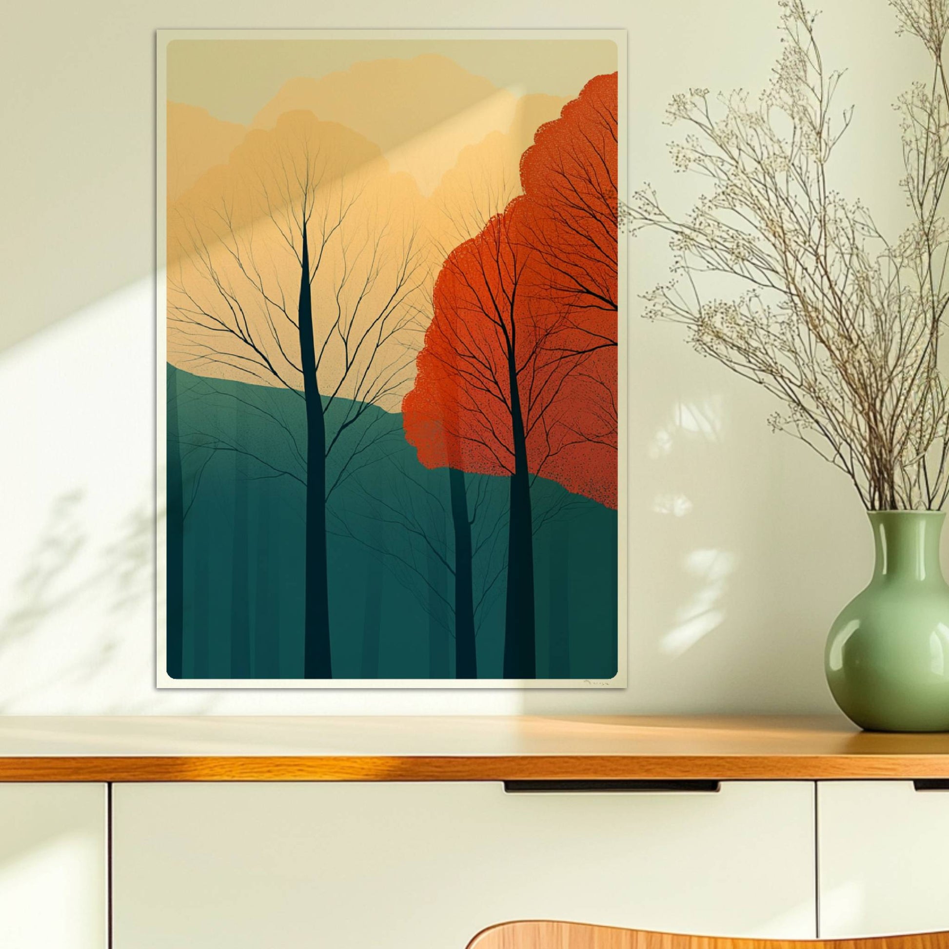 Herbstwald mit orangefarbenen und roten Baumkronen.. Ohne Rahmen 50x70