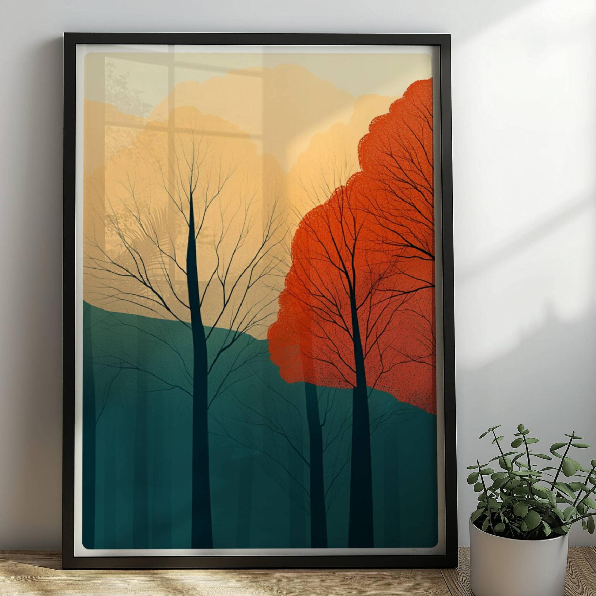 Herbstwald mit orangefarbenen und roten Baumkronen.. Rahmen schwarz 50x70