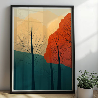 Herbstwald mit orangefarbenen und roten Baumkronen.. Rahmen schwarz 50x70