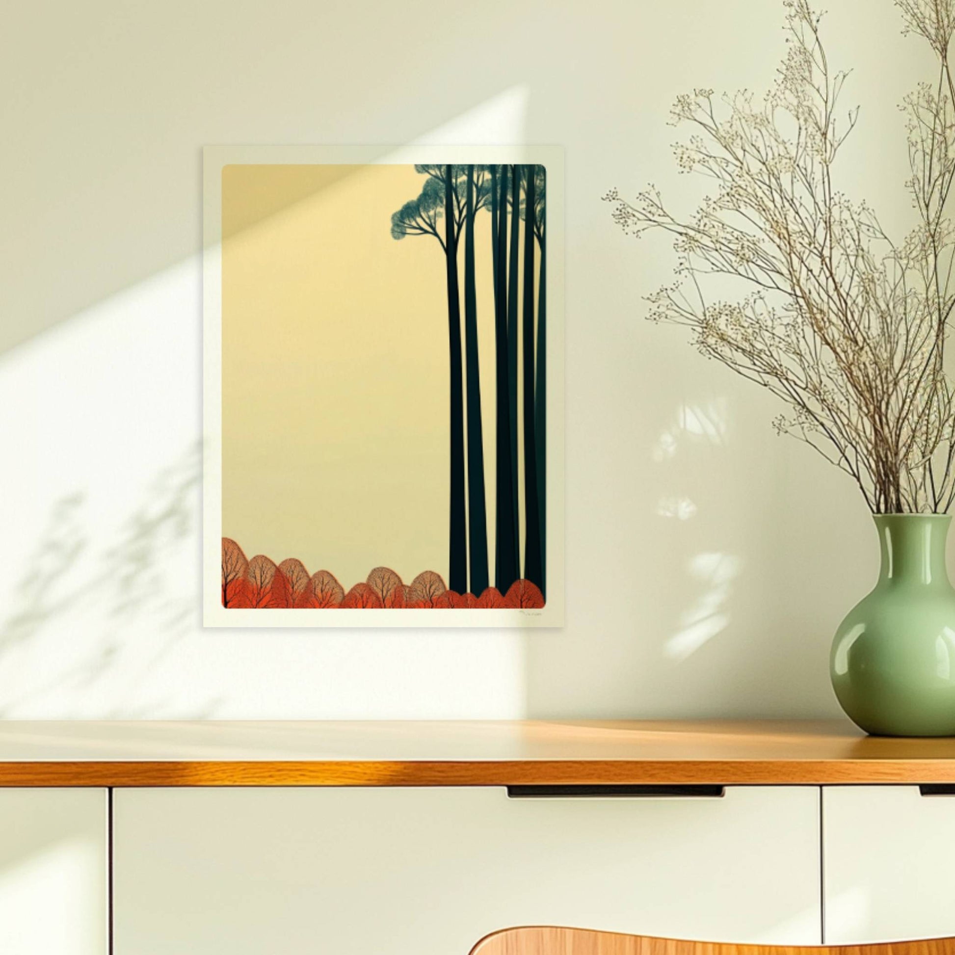 Baumgruppe mit rotem Unterholz und hellem Himmel.. Ohne Rahmen 30x40