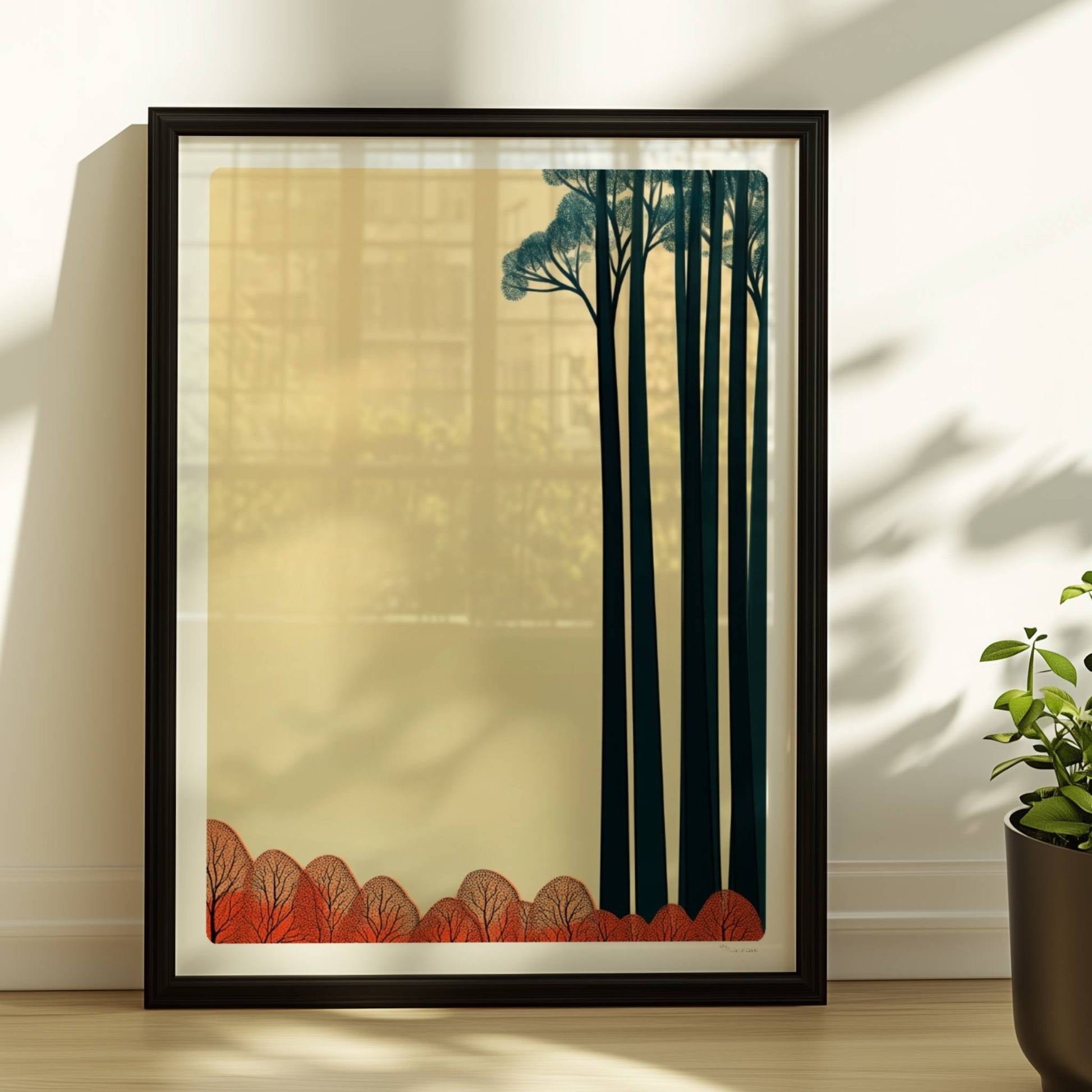 Baumgruppe mit rotem Unterholz und hellem Himmel.. Rahmen schwarz 30x40