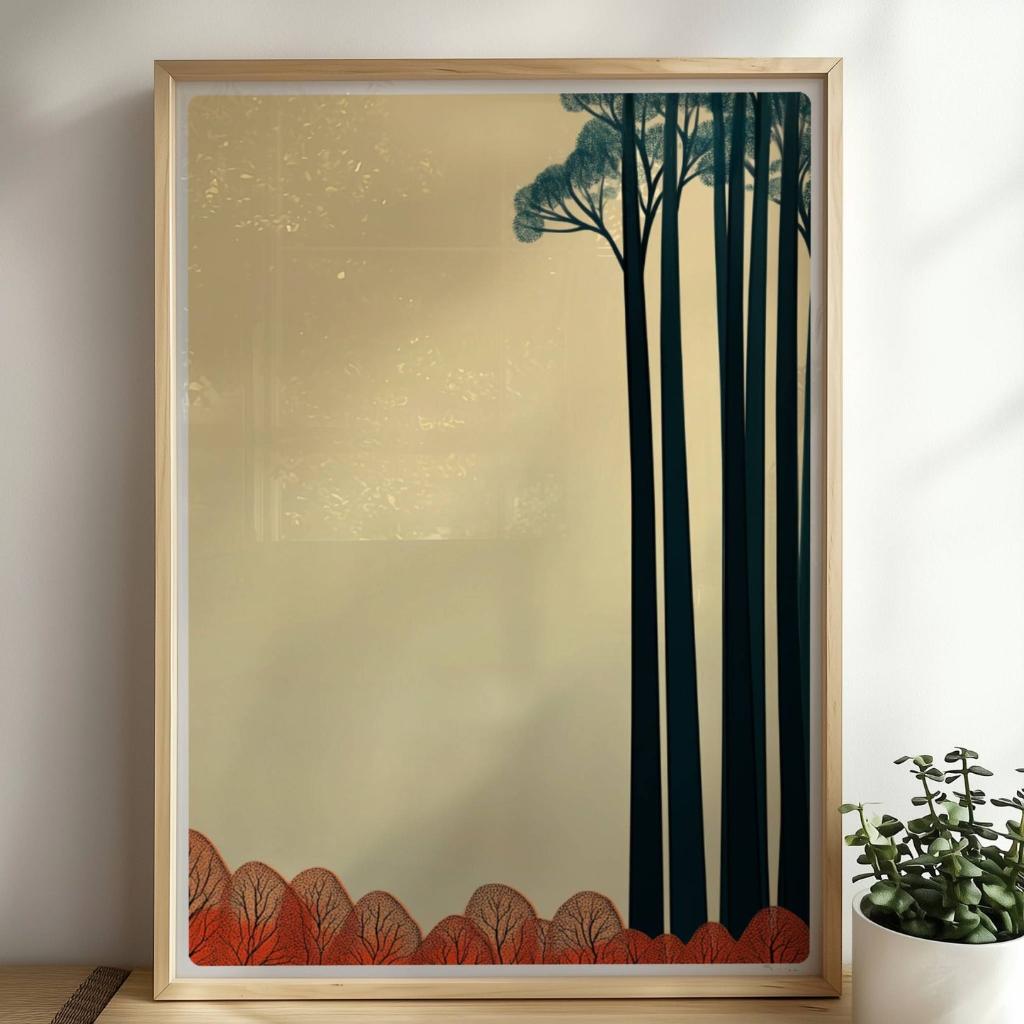 Baumgruppe mit rotem Unterholz und hellem Himmel.. Rahmen natur 50x70