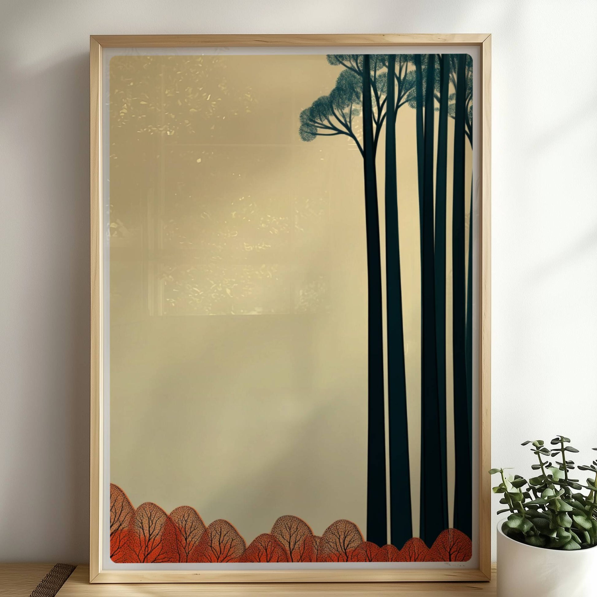 Baumgruppe mit rotem Unterholz und hellem Himmel.. Rahmen natur 50x70