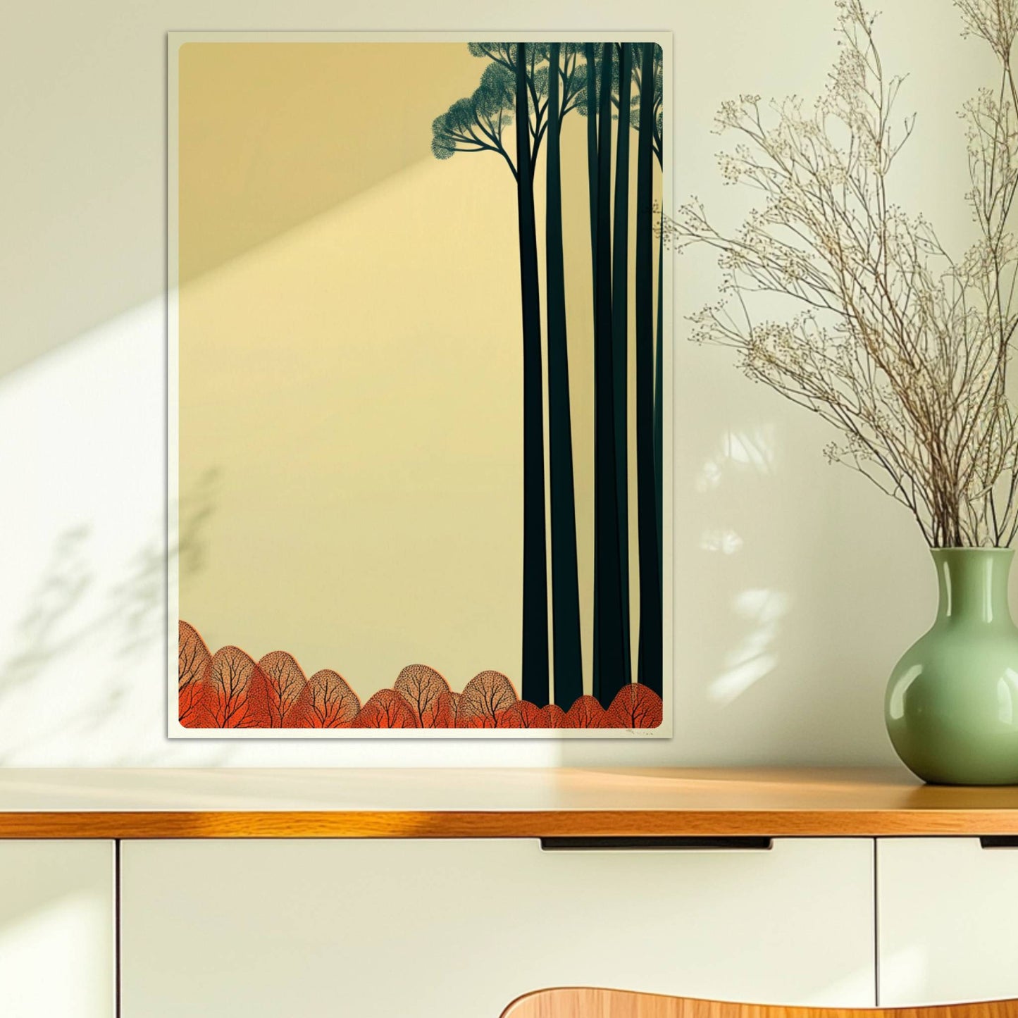 Baumgruppe mit rotem Unterholz und hellem Himmel.. Ohne Rahmen 50x70