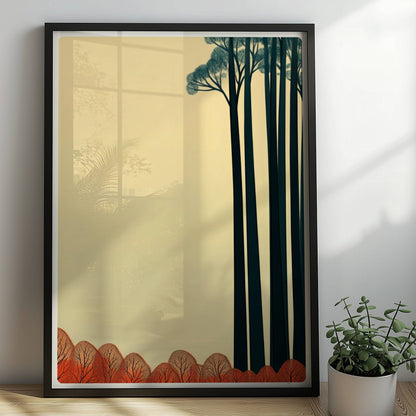 Baumgruppe mit rotem Unterholz und hellem Himmel.. Rahmen schwarz 50x70