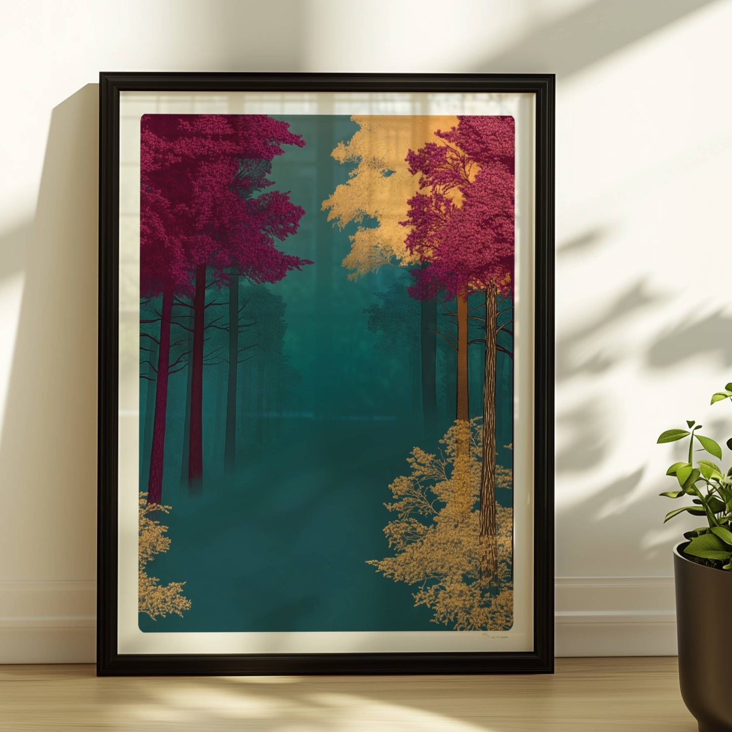 Waldpfad umgeben von kräftigen Herbstfarben.. Rahmen schwarz 30x40