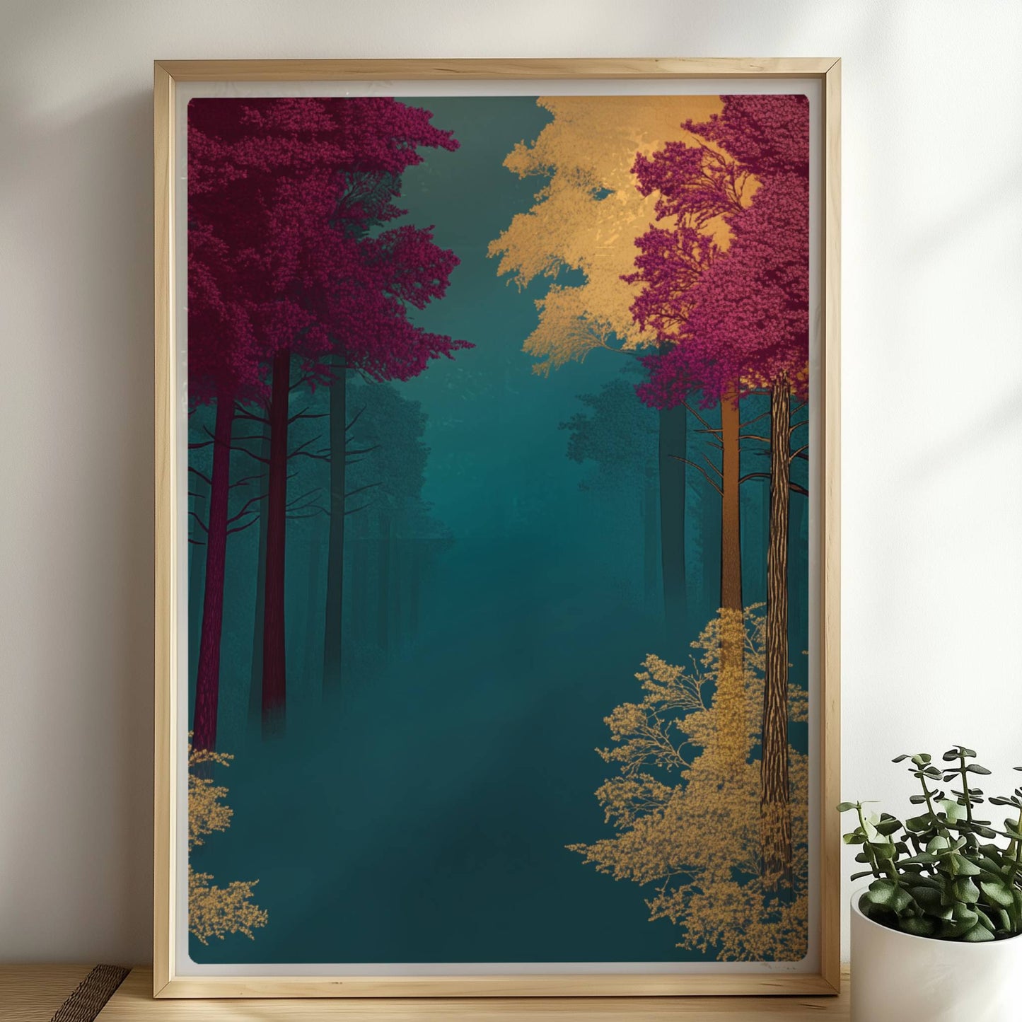 Waldpfad umgeben von kräftigen Herbstfarben.. Rahmen natur 50x70