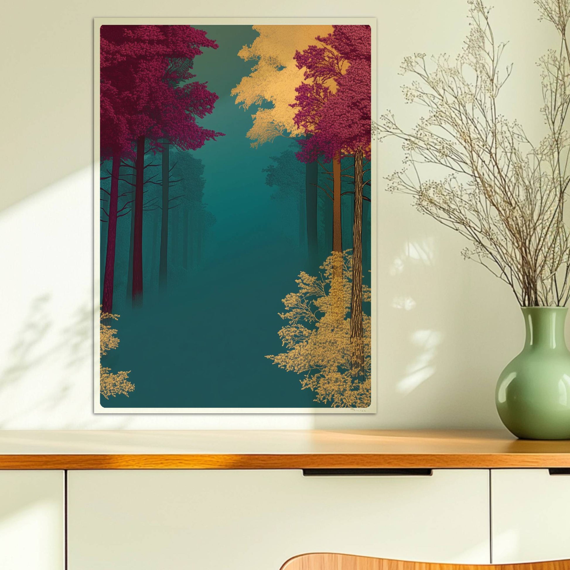 Waldpfad umgeben von kräftigen Herbstfarben.. Ohne Rahmen 50x70
