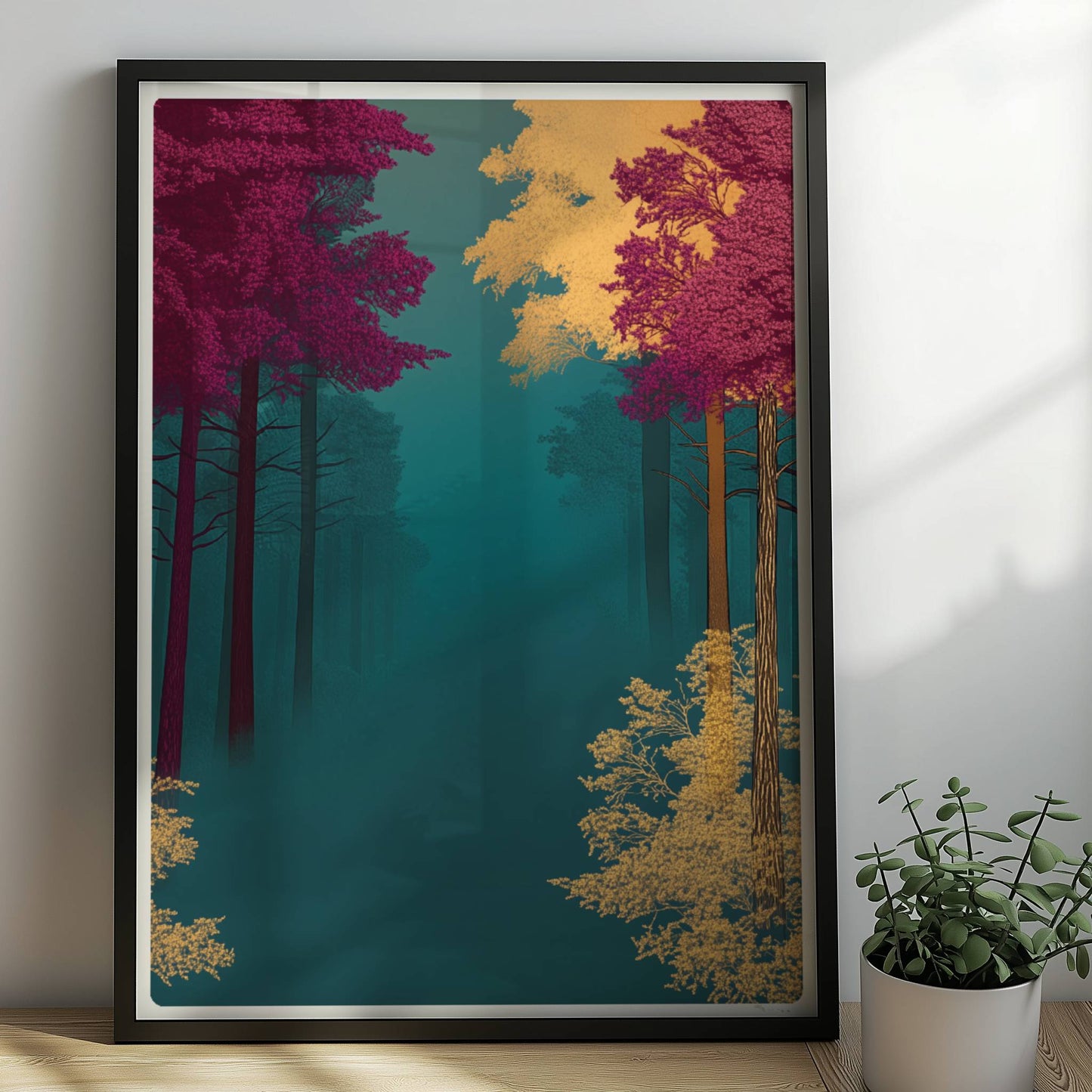 Waldpfad umgeben von kräftigen Herbstfarben.. Rahmen schwarz 50x70