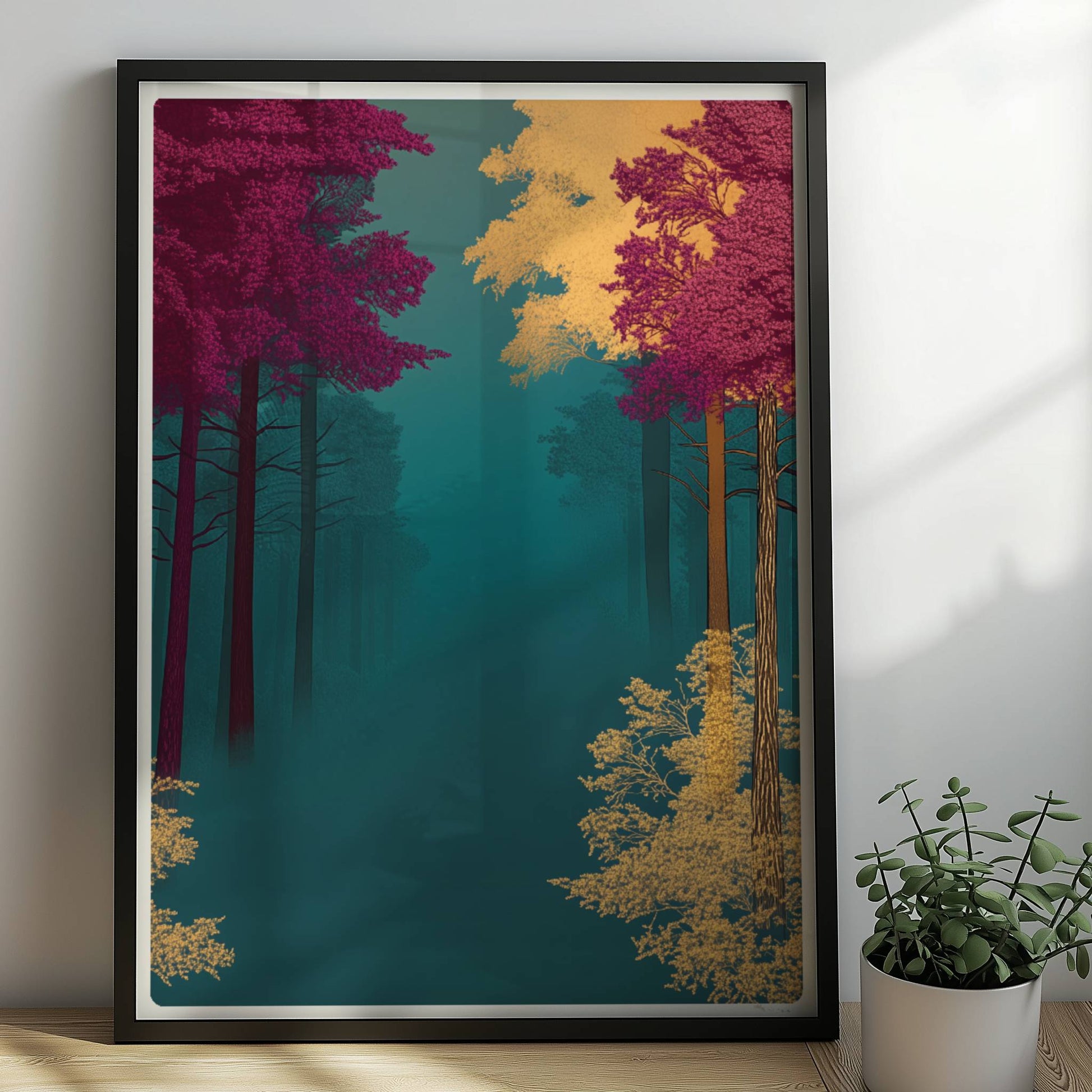 Waldpfad umgeben von kräftigen Herbstfarben.. Rahmen schwarz 50x70