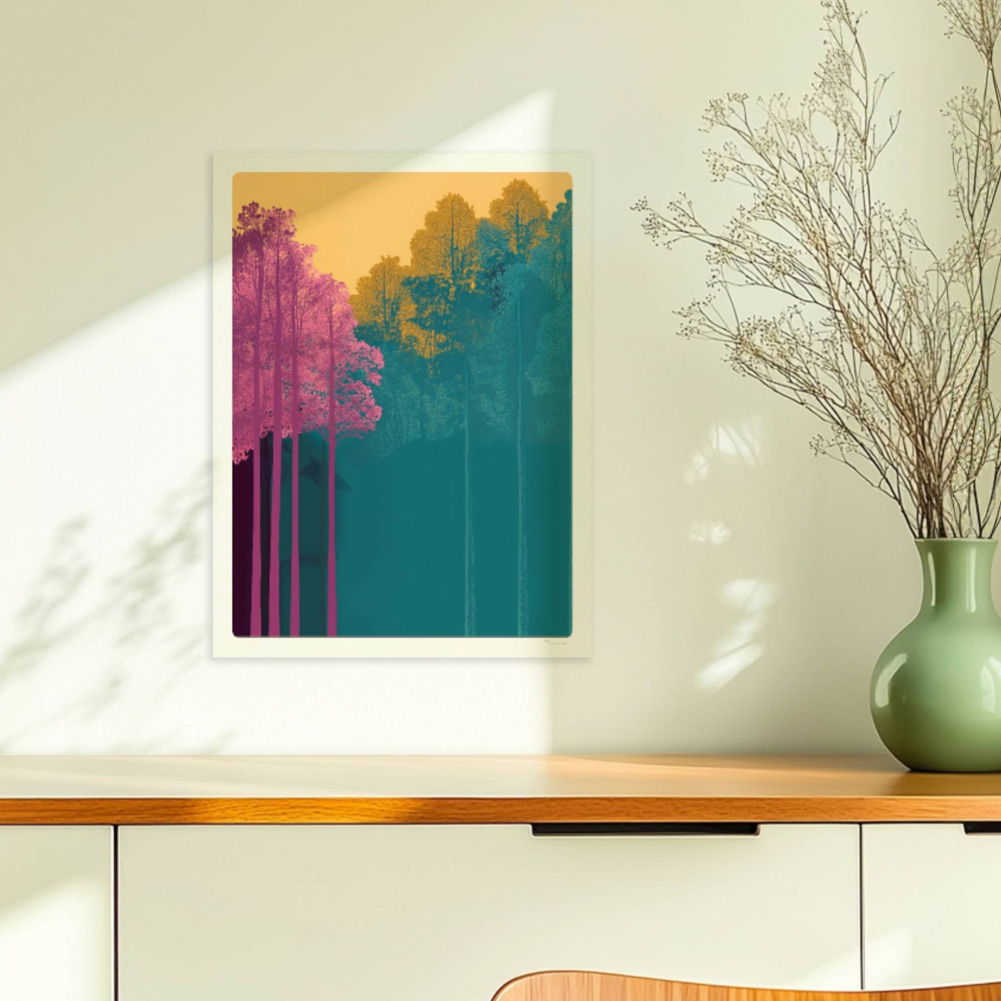 Waldszene mit hochgewachsenen rosa und gelben Bäumen.. Ohne Rahmen 30x40