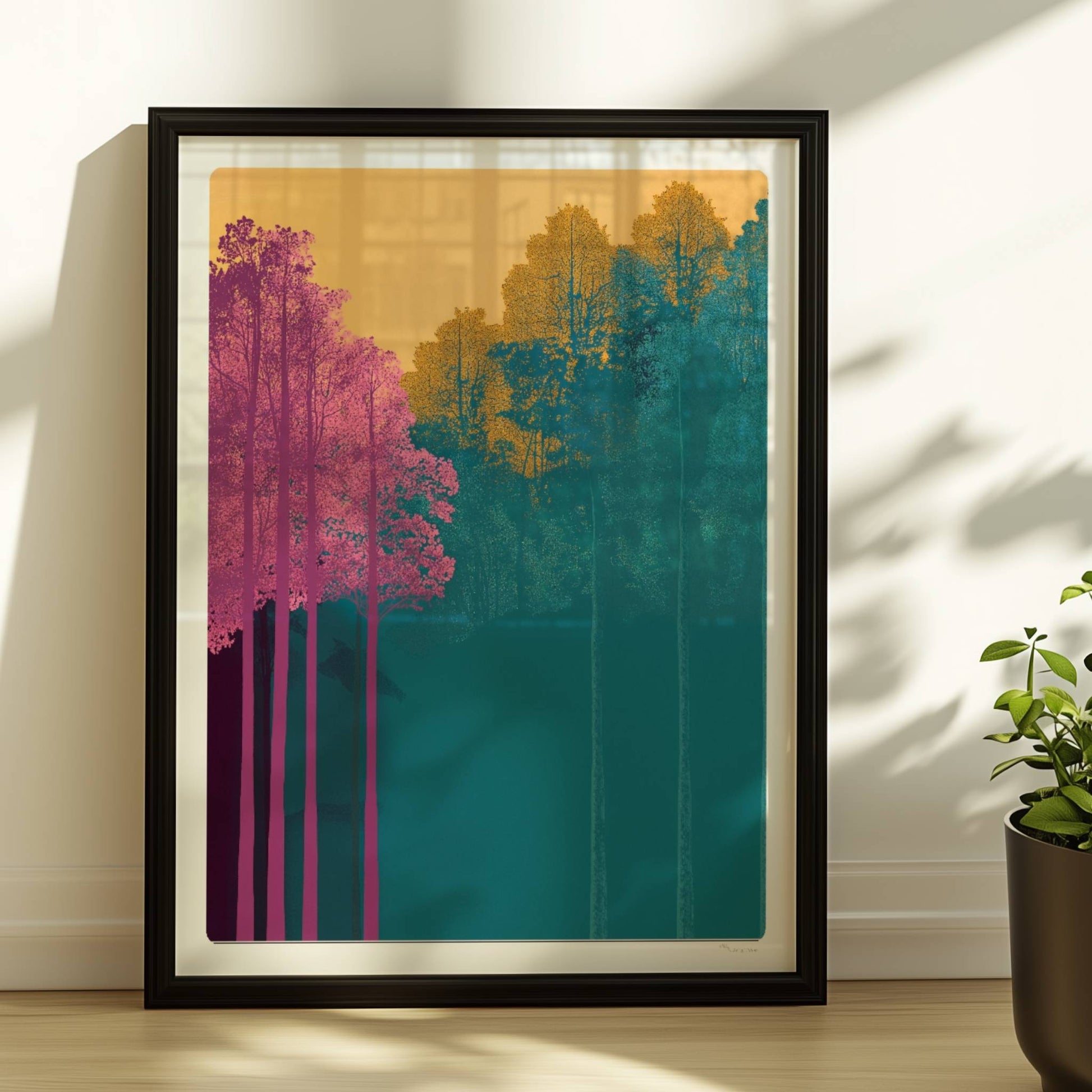 Waldszene mit hochgewachsenen rosa und gelben Bäumen.. Rahmen schwarz 30x40