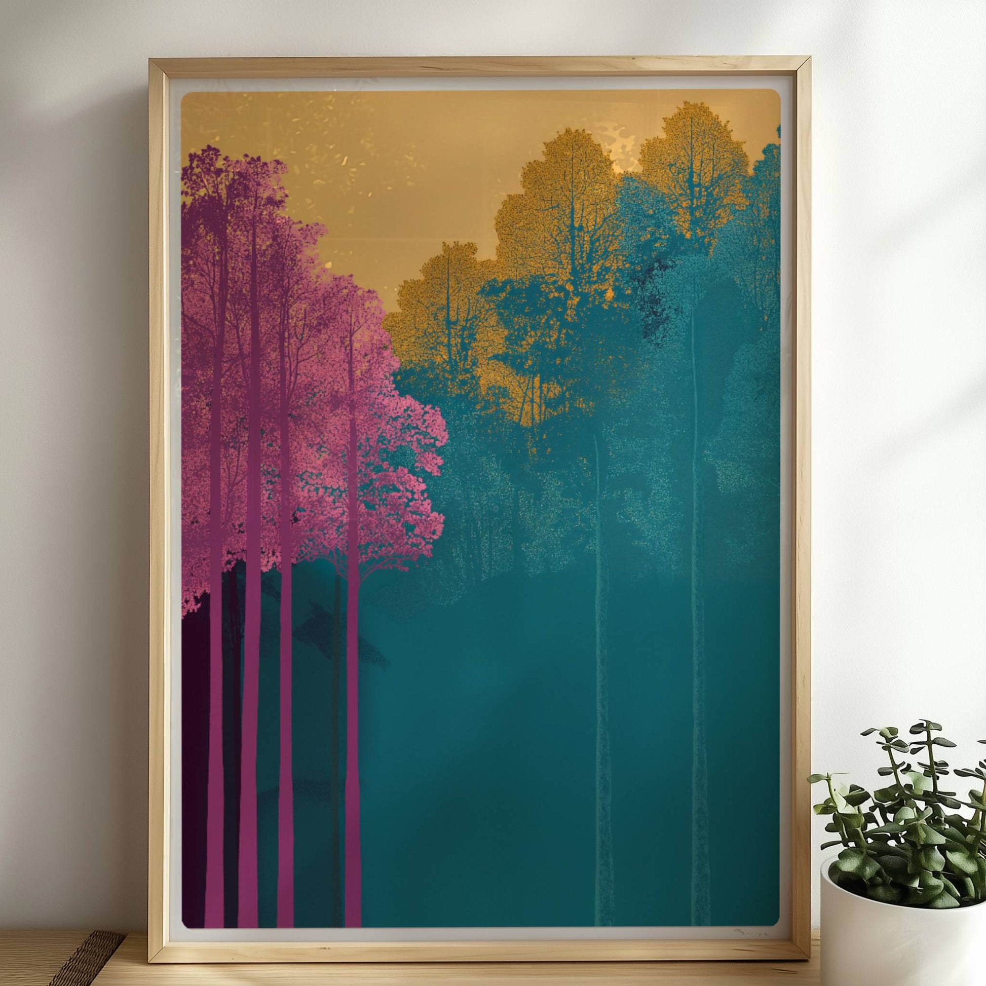 Waldszene mit hochgewachsenen rosa und gelben Bäumen.. Rahmen natur 50x70