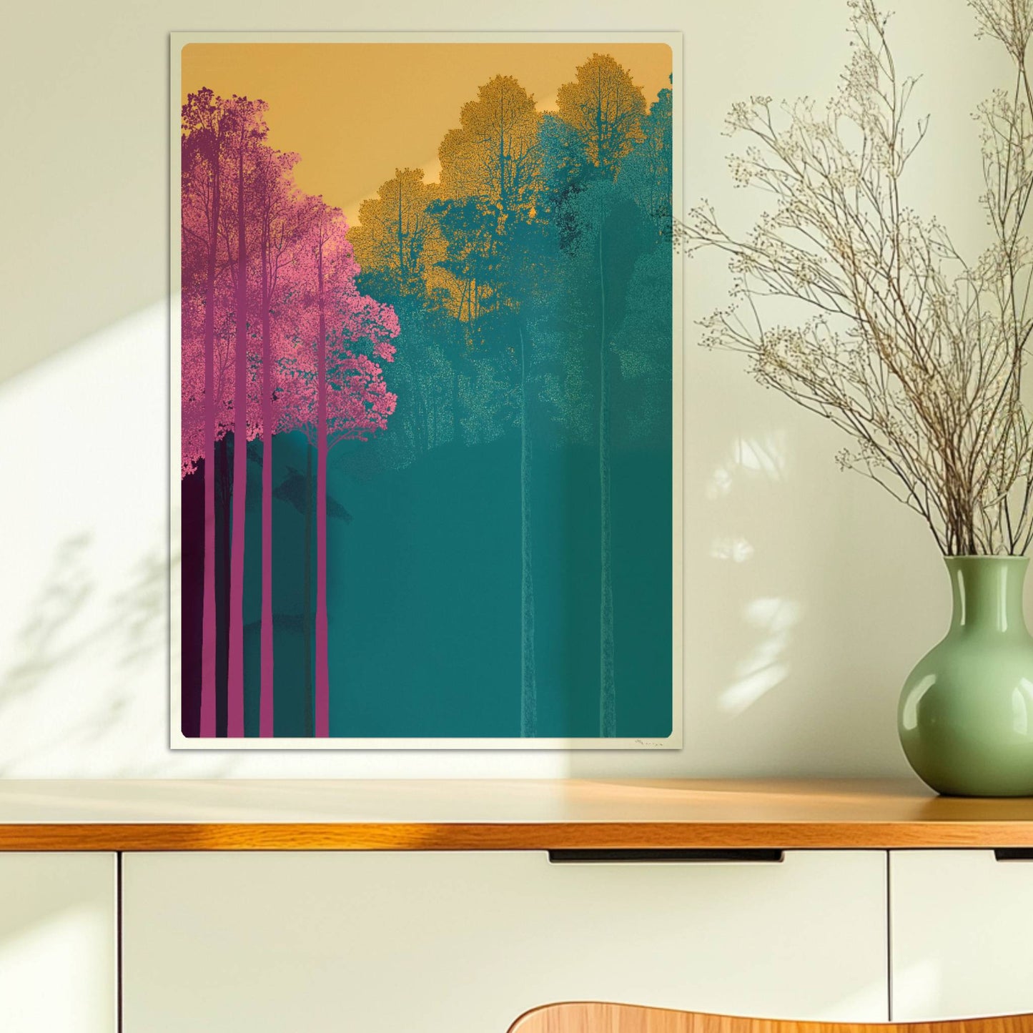 Waldszene mit hochgewachsenen rosa und gelben Bäumen.. Ohne Rahmen 50x70