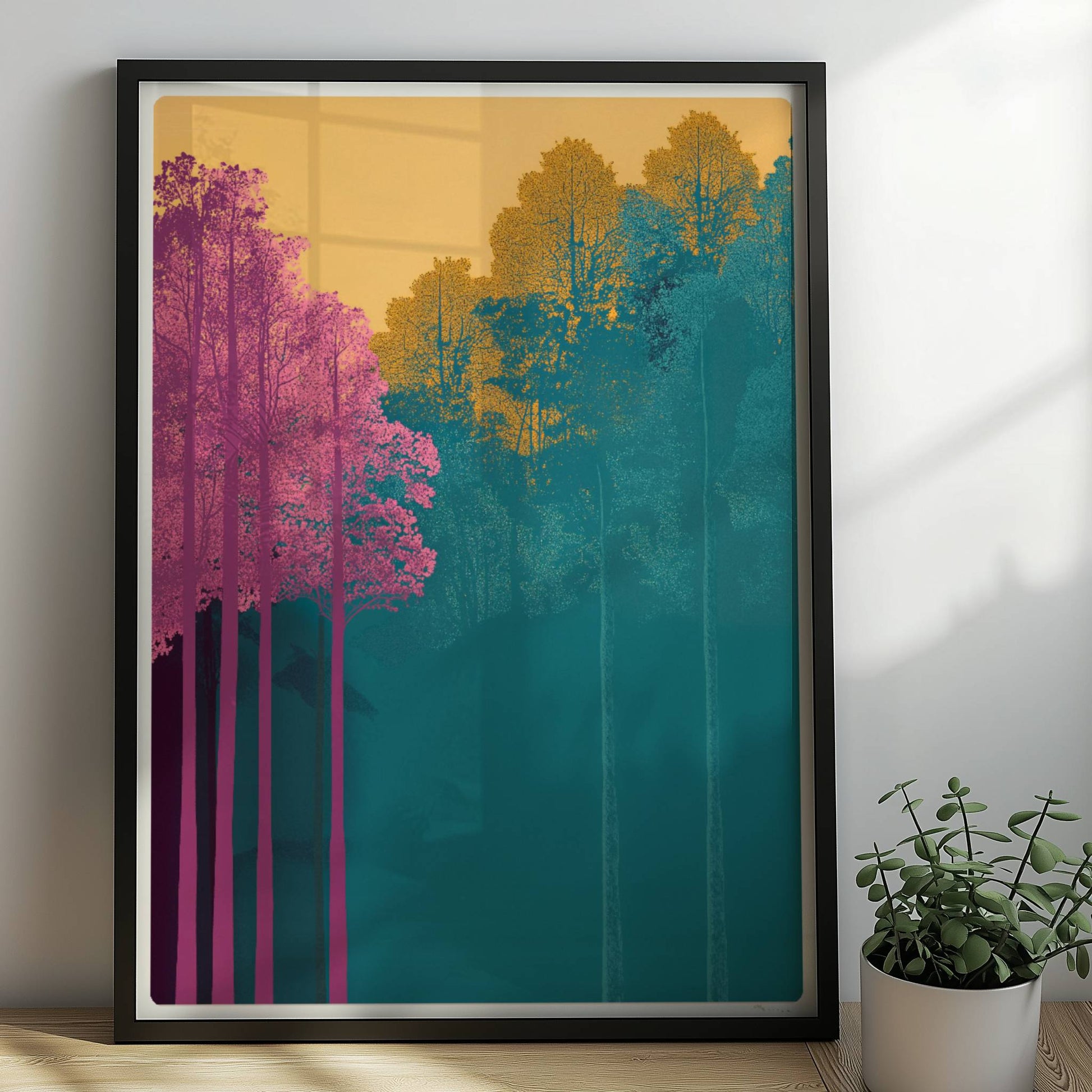 Waldszene mit hochgewachsenen rosa und gelben Bäumen.. Rahmen schwarz 50x70
