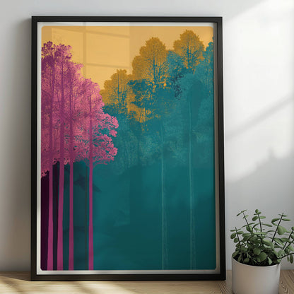 Waldszene mit hochgewachsenen rosa und gelben Bäumen.. Rahmen schwarz 50x70