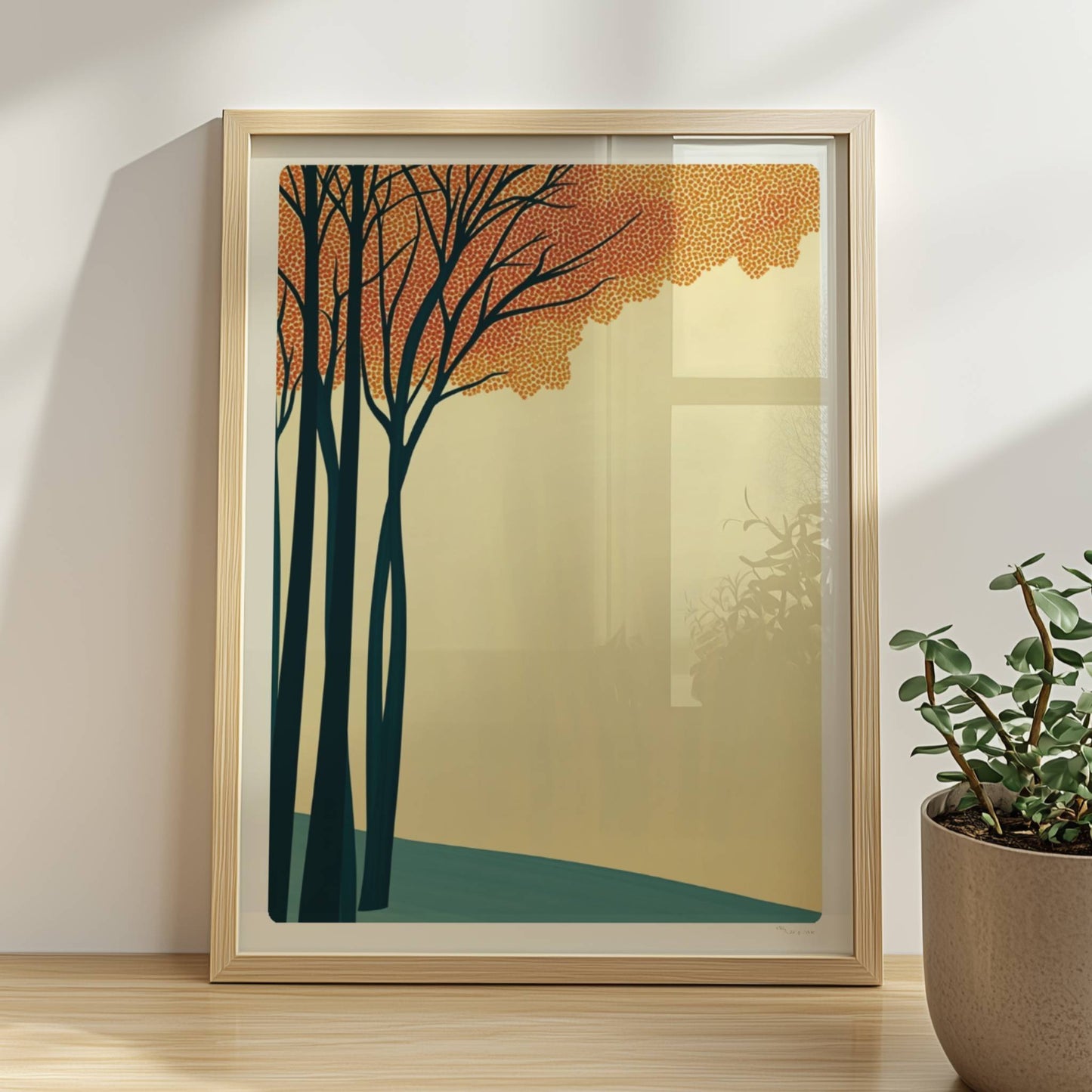 Naturmotiv mit hellen Baumkronen vor weichem Hintergrund.. Rahmen natur 30x40