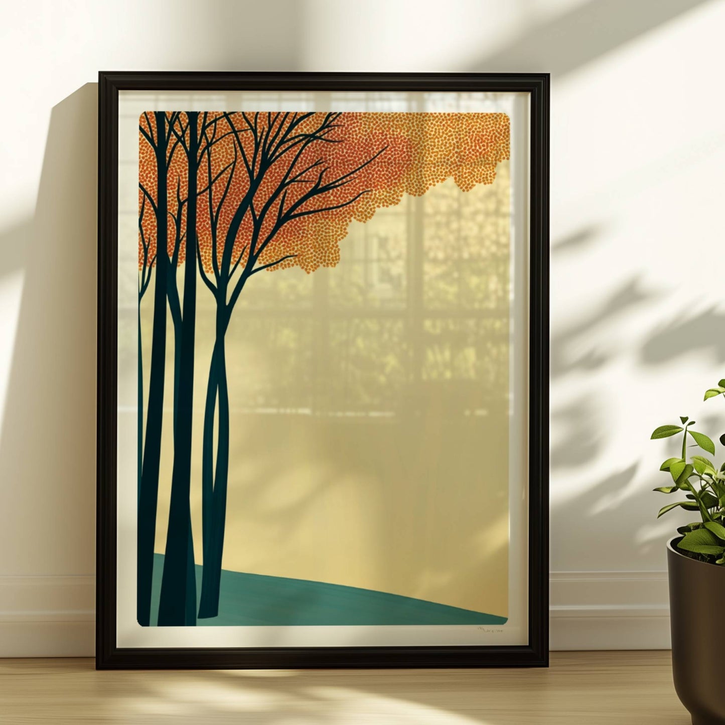 Naturmotiv mit hellen Baumkronen vor weichem Hintergrund.. Rahmen schwarz 30x40