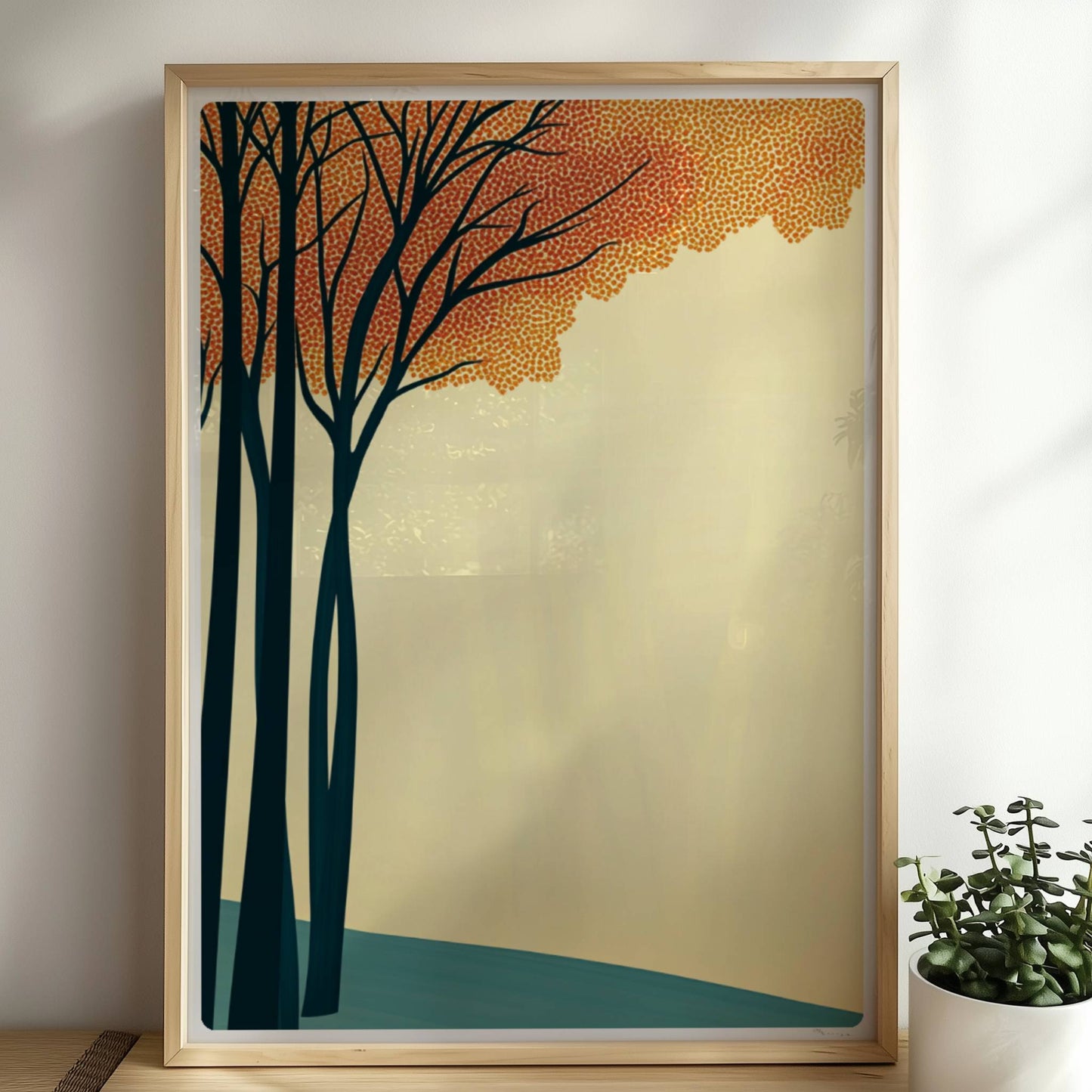 Naturmotiv mit hellen Baumkronen vor weichem Hintergrund.. Rahmen natur 50x70