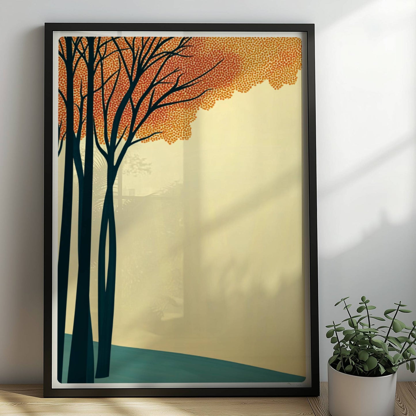 Naturmotiv mit hellen Baumkronen vor weichem Hintergrund.. Rahmen schwarz 50x70