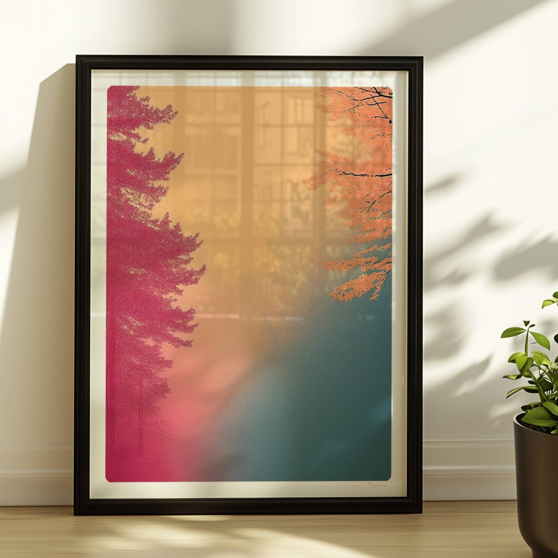 Morgenwald mit rosa und pfirsichfarbenem Nebel.. Rahmen schwarz 30x40