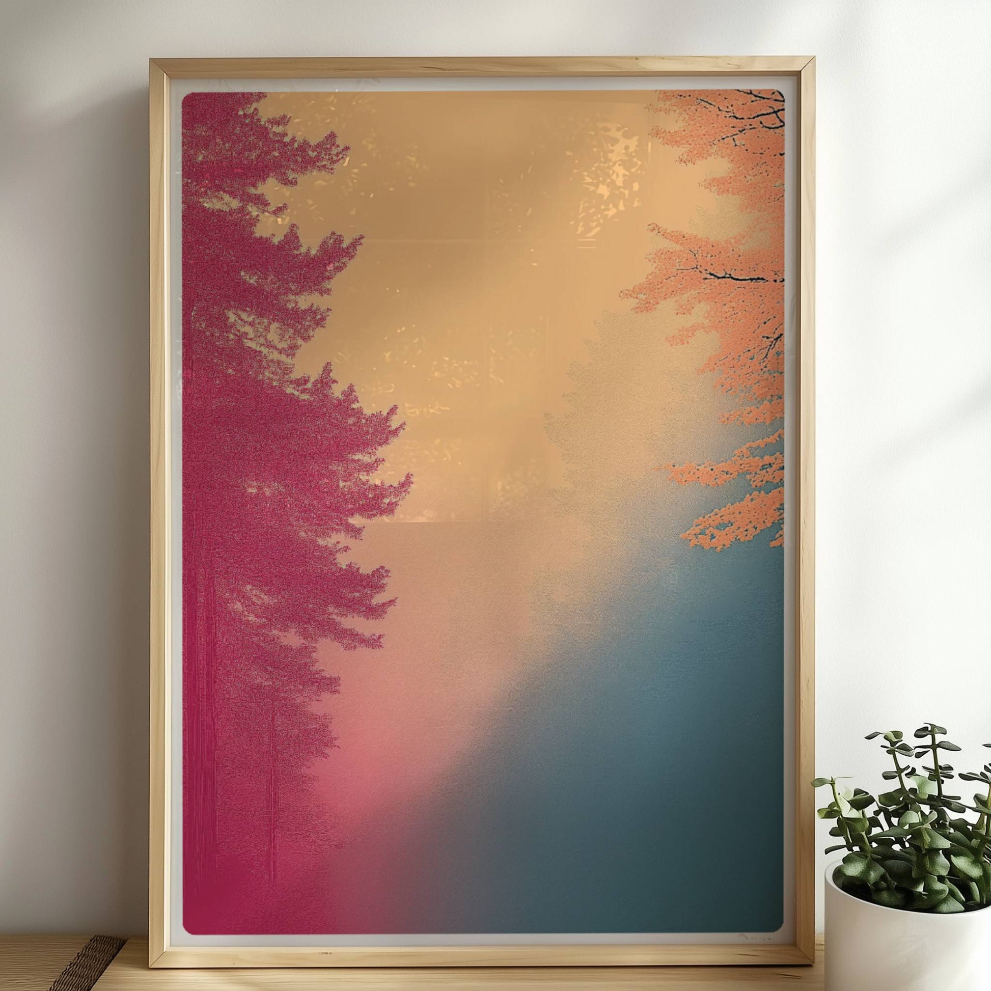 Morgenwald mit rosa und pfirsichfarbenem Nebel.. Rahmen natur 50x70