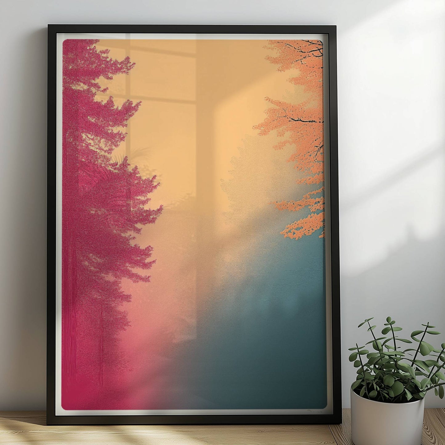 Morgenwald mit rosa und pfirsichfarbenem Nebel.. Rahmen schwarz 50x70