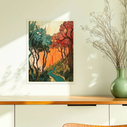 Fantasievolle Waldlandschaft mit roten Bäumen, geschwungenen Baumkronen und warmem Sonnenlicht.. Ohne Rahmen 30x40