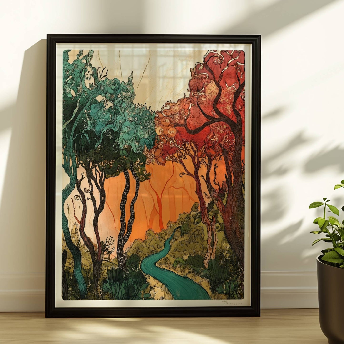 Fantasievolle Waldlandschaft mit roten Bäumen, geschwungenen Baumkronen und warmem Sonnenlicht.. Rahmen schwarz 30x40