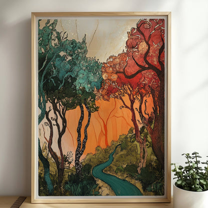 Fantasievolle Waldlandschaft mit roten Bäumen, geschwungenen Baumkronen und warmem Sonnenlicht.. Rahmen natur 50x70