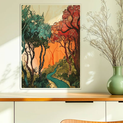Fantasievolle Waldlandschaft mit roten Bäumen, geschwungenen Baumkronen und warmem Sonnenlicht.. Ohne Rahmen 50x70