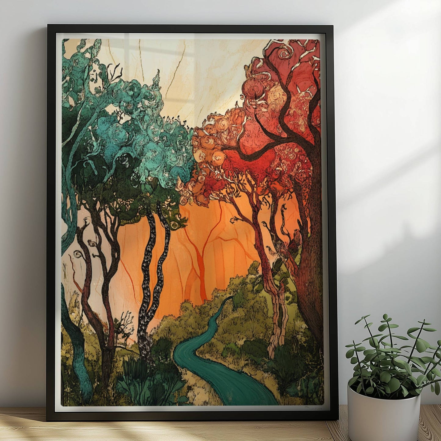 Fantasievolle Waldlandschaft mit roten Bäumen, geschwungenen Baumkronen und warmem Sonnenlicht.. Rahmen schwarz 50x70