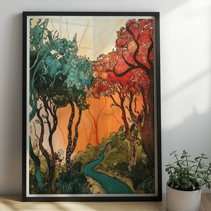 Fantasievolle Waldlandschaft mit roten Bäumen, geschwungenen Baumkronen und warmem Sonnenlicht.. Rahmen schwarz 50x70